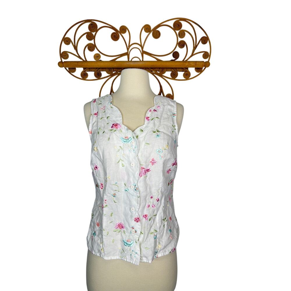 Vintage Grace Elements white floral embroidered sleeveless shirt button up 8p